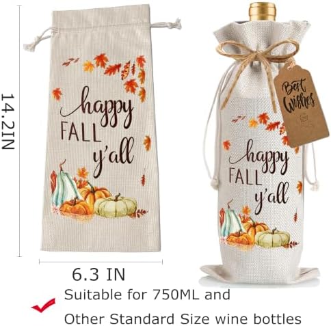 1Pcs Happy thanksgiving Wine Bag Happy Fall Y'all Wine Bag Thanksful Gifts Wine Bag, with 1Pcs Kraft Blessing Cards and natural jute rope - Image 2