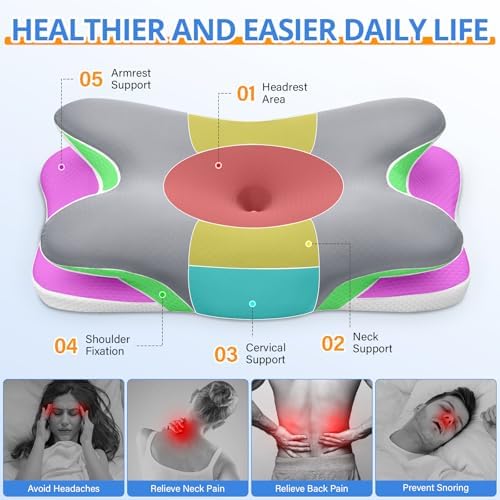 Cervical Neck Pillow, Ergonomic Memory Foam Pillows for Neck Pain Relief with Breathable Pillowcase, Adjustable Contour Neck Support Pillow for Side Back Stomach Sleepers, Gray - Image 2