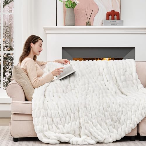 Touchat Ruched Rabbit Faux Fur Throw Blanket,Fluffy Soft Cozy,Cream White - Image 7