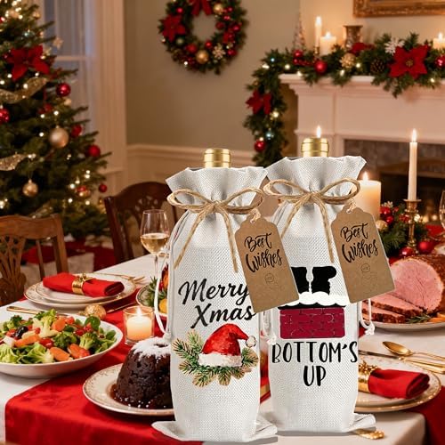 1Pcs Christmas hat Wine Bags Christmas Gift Bag, Wine Bottle Bags Merry Xmas Bottle Covers for Xmas,Holiday Party, Birthday, Storage with 1Pcs Kraft Blessing Cards and natural jute rope - Image 6