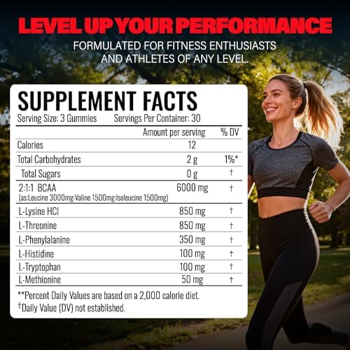 EAA Gummies - 2:1:1 BCAA Formula (8300mg) - Essential Amino Acids for Muscle Recovery & Endurance - Non-GMO, Gluten Free, Sugar Free, Vegetarian, Strawberry Flavor - 90 Count - Image 7