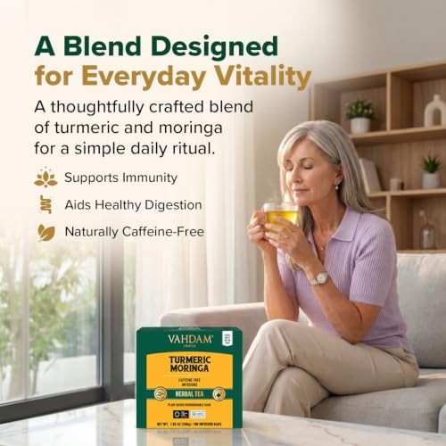 VAHDAM, Turmeric Moringa Tea Bags (100 Herbal Tea Bags) Caffeine Free, Non GMO | 100% Pure Herbal Blend - Sweet & Earthy | Resealable Ziplock Pouch - Image 5
