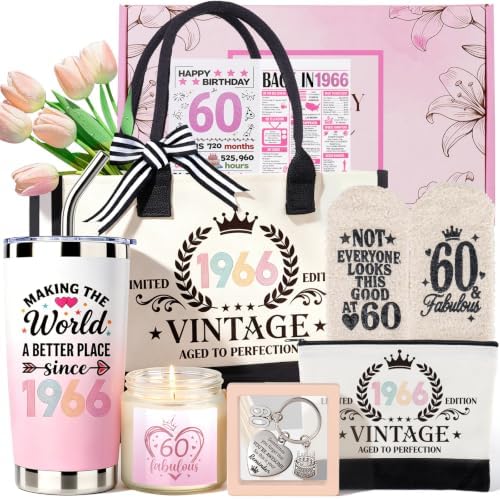 60th Birthday Gifts for Women, Vintage 1966 Birthdays Gift For Her, Cool 60 Year Old Birthday Gifts Set For Mom Wife Sister Friends Coworkers, Unique Gift Ideas With Tumbler Greeting Card Tote Bag by Ithmahco
