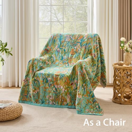 VANJOROY Boho Throw Blanket, 100% Organic Cotton Breathable Skin-Friendly Ultra Soft 80" x 90" Bed Quilt Green Leaf Throw - Floral Rustic Luxury Reversible Blanket for Sofa Couch Chair and Gift, - Image 5