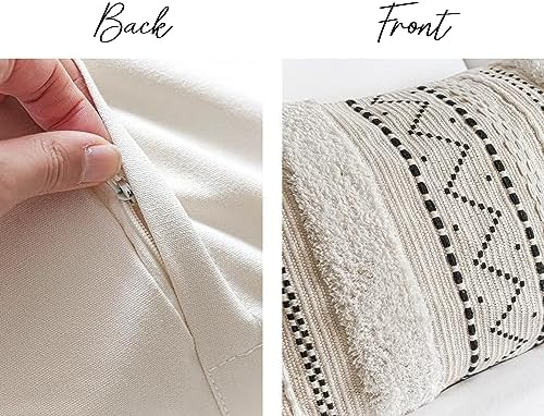 BlissBlush 14x36 Lumbar Pillow Cover for Bed, Rectangular Long Decorative Throw Pillowcase, Boho Accent Cushion with Black Tufted Pattern and Tassels, Cream Neutral (Cover Only) - Image 7