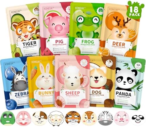 18 Pack Animal Face Mask for Kids, Bulk Sheet Face Masks Skincare for Girls by KONEUK