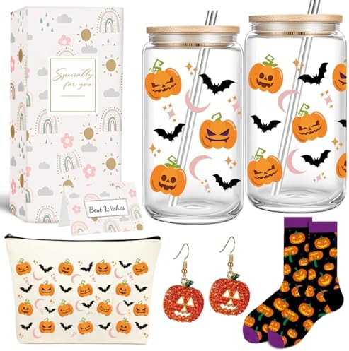 Halloween Gifts for Women,Boo Basket Stuffers for Women,Fall Gift Basket Set, Spooky Basket Stuffers Ideas for Her Cute Halloween Care Package Gift Box Boo Themed Stuff 16oz Pumpkin Glass Cup by 4MELLY