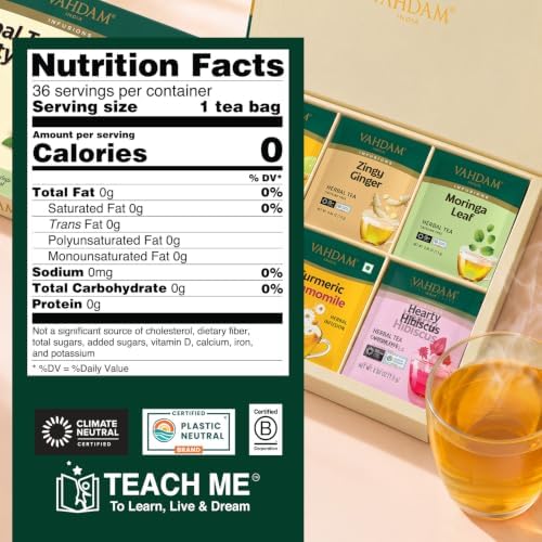 VAHDAM, Assorted Herbal Tea Gift Set (36 Tea Bags, 6 Flavors) Caffeine-Free, Non-GMO | Double Infusion, Individually Enveloped Tea Bags | Herbal Tea variety Pack | Tea Gifts for Women & Men - Image 2