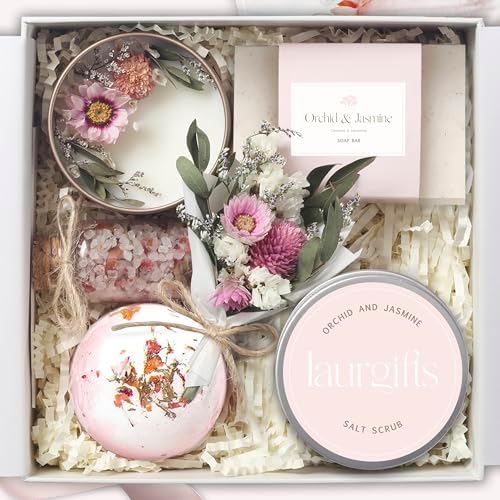 Birthday Gifts for Women – Orchid & Jasmine Spa Gift Basket, Luxury Candle Set & Bath Sets Self Care Box, Gift for Mom, Wife or Friend by LaurGifts
