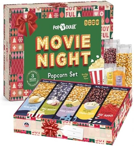 Movie Night Christmas Gifts - Holiday Popcorn Gift Baskets Gift Sets - 5 Non-GMO Gourmet Kernels and 5 Popcorn Flavoring - Perfect Family Gifts ideas for Adults, Couples, Parties, Holidays, or Movie Lovers - 10 Pack by PopNDulge