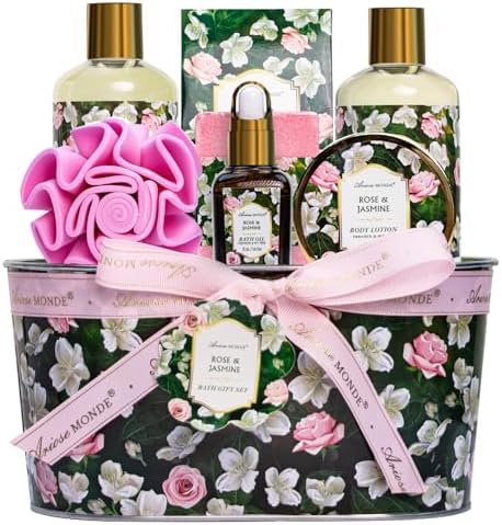 Gift Basket for Women, 8pcs Rose Jasmine Home Spa Self Care Gifts for Women by Ariosemonde