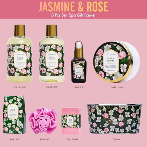 Gift Basket for Women, 8pcs Rose Jasmine Home Spa Self Care Gifts for Women - Image 2