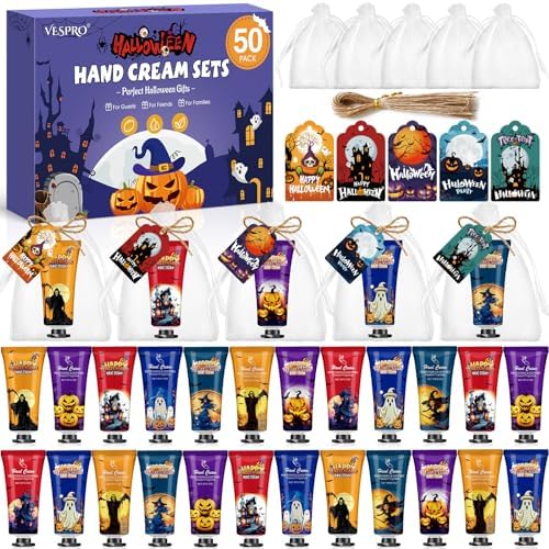 50 Pack Halloween Hand Cream Set with Cards & Bags, Bulk Halloween Gifts by VESPRO