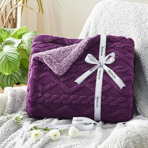 Bedsure Gentlesoft Sherpa Fleece Throw Blanket for Couch - Fluffy & Cozy Cable Jacquard Tufted Throw for Women Gift, Thick and Warm Blankets for Winter, Purple, 50x60 Inches - Image 7