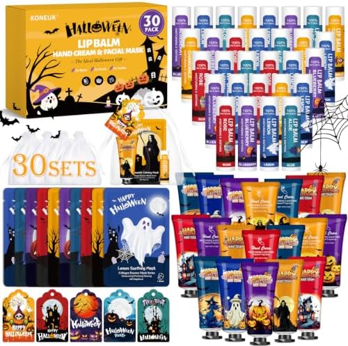 30 Pack Halloween Face Mask, Lip Balm & Hand Cream, Halloween Party Favors by KONEUK