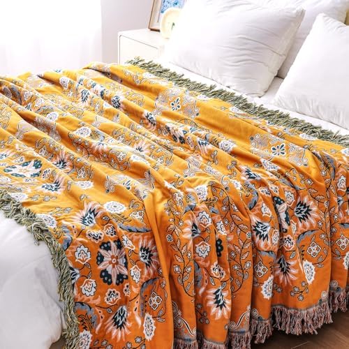 VANJOROY Boho Throw Blanket, 100% Cotton Soft Sofa Bed Throw-Floral Farmhouse Decor Blanket, Reversible Bohemian Throw for Chair Couch Quilt and Gift, 60" x 80"-Yellow - Image 6