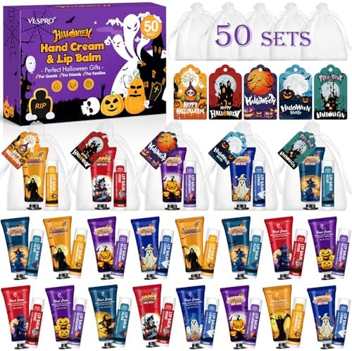 VESPRO 50 Pack Halloween Hand Cream and Lip Balm Set, Halloween Party Favor by VESPRO
