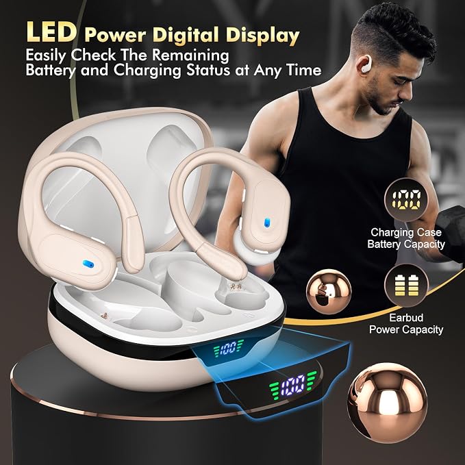 HAOYUYAN Wireless Earbuds, Sports Bluetooth Headphones, 80Hrs Playtime Ear Buds with LED Power Display, Noise Canceling Headset, IPX7 Waterproof Earphones for Workout/Running (Camel) - Image 7