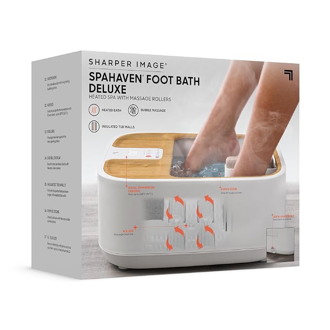 Sharper Image Spahaven Foot Bath Deluxe - Heat, Bubble Jets, Massage Rollers, Pumice Stone Foot Scrubber, Foot Soaking Tub, Feet Pedicure Tools, Callus Remover, Aesthetic Room Decor, Gift for Women - Image 8