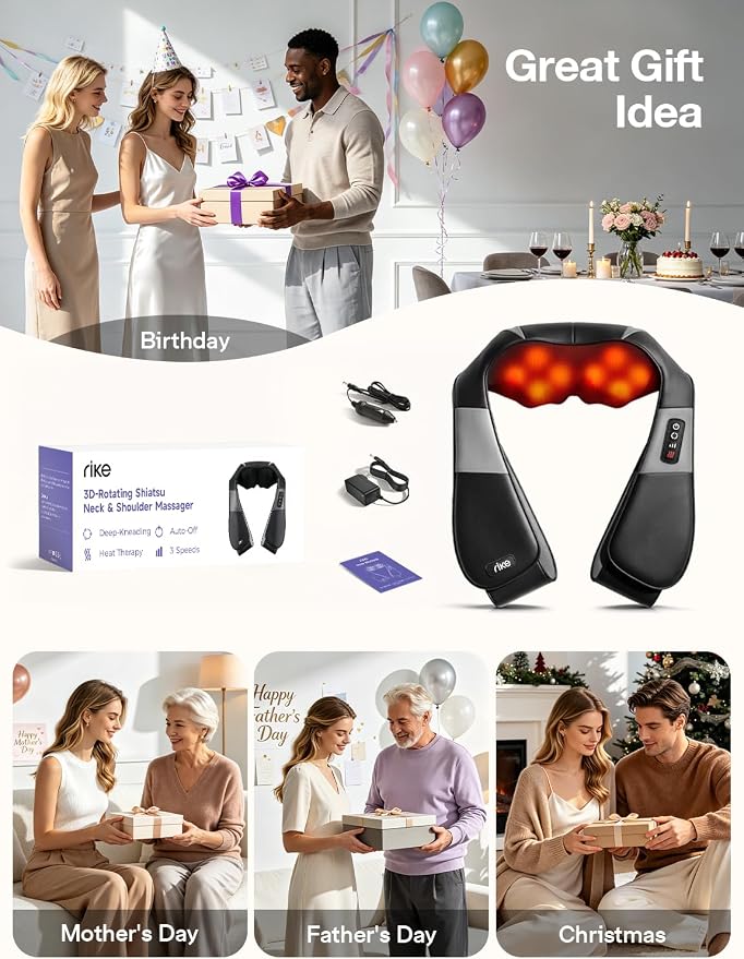 RIKE Neck Massager for Pain Relief Deep Tissue, Shiatsu Shoulder Massager with Heat, Corded Electric Back Massager with 3 Speeds, Fathers Day Gift Idea for Men Women Office, Car and Home Gym Use - Image 8