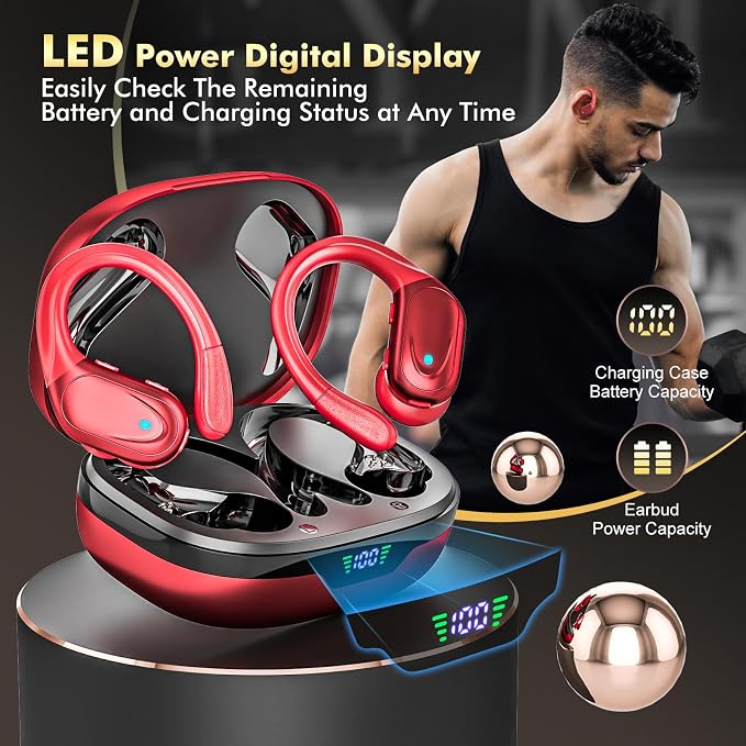 HAOYUYAN Wireless Earbuds, Sports Bluetooth Headphones, Noise Canceling Ear Buds with 80hr Playtime, LED Power Display, IPX7 Waterproof Earphones for Gym/Workout(Red) - Image 7