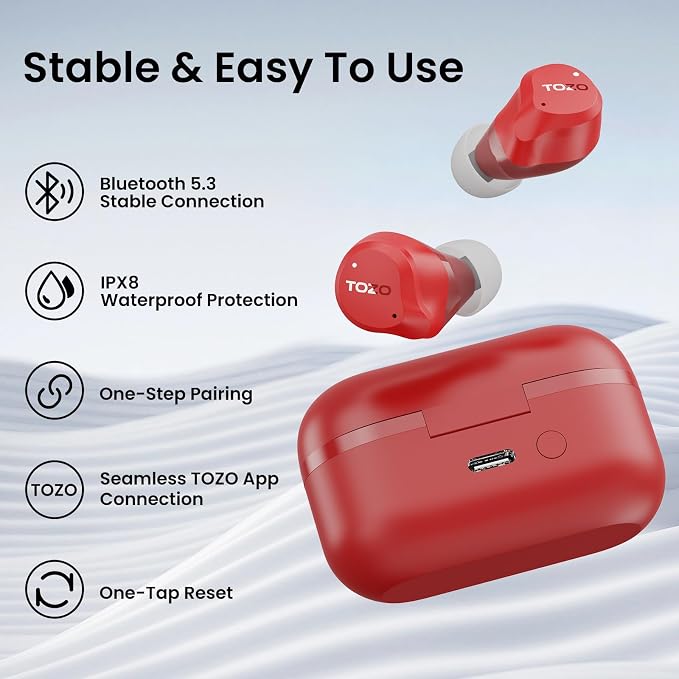 TOZO NC9 Hybrid Active Noise Cancelling Wireless Earbuds, 60H, LED Display | 6 Mic ENC Clear Calls, Deep Bass Sound, IPX8, in Ear Bluetooth 5.3 Headphones,32 EQs via APP, Comfort Fit Ear Buds, Red - Image 9