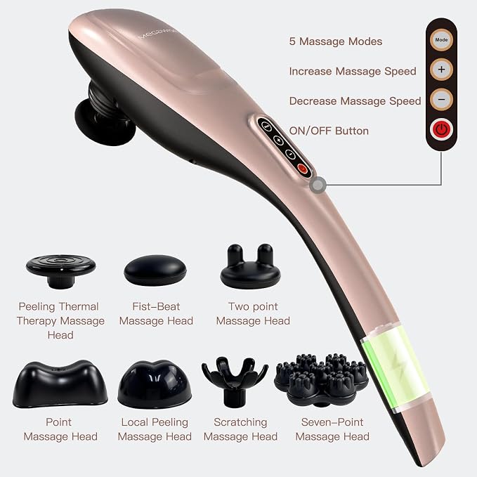 MEGAWISE Cordless Handheld Back Massager w/Rechargeable 3200mAh Battery, 5 Speed and 5 +2 Massage Nodes with Hard, Medium and 2 Soft Silicone Nodes; Massage While Moving Around (Rose Gold) - Image 6