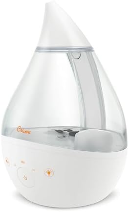 Crane White Drop 4 in 1 Ultrasonic Cool Mist Top Fill Humidifier with Sound Machine, 1 Gallon Tank, For Large Rooms, Clear and White, Baby Nursery Humidifier by Crane