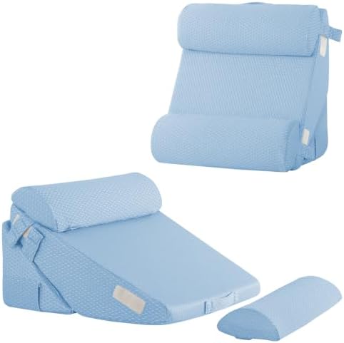 Bedluxe Adjustable 4pcs Bed Wedge Pillow Set, Memory Foam Wedges Pillow Post Surgery for Back, Neck, Leg Pain Relief, Pillows Wedge for Sleeping, Sitting up in Bed, Acid Reflux and GERD, Light Blue by Bedluxe