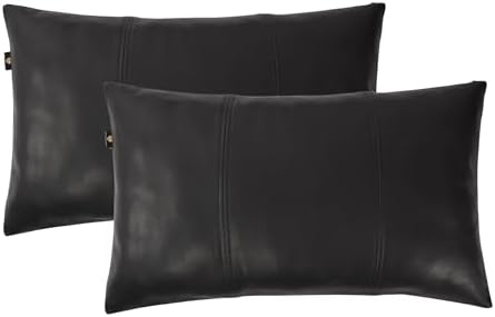 LL LEATHER LOVERS 100% Lambskin Leather Pillow Cover 10x18 Inch – Hand-Stitched Cushion Case with Hidden Zipper, Decorative Throw Cover for Sofa, Bed and Living Room - Black Panel Pack of 2 by LLLEATHERLOVERS