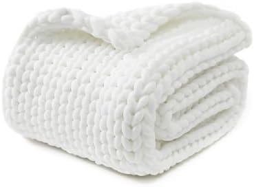 YnM Chunky Throw Blanket, Medium-Weight, Hand Knitted, Skin Friendly, Ventilated and Breathable, Machine Washable, Home Décor Piece for Couch, Sofa and Bed (White, 60x80 Inch) by YNM