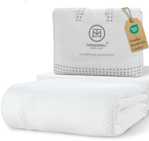 Threadmill Luxury 100% Cotton Twin Herringbone Blanket, Bright White by ThreadmillHomeLinen