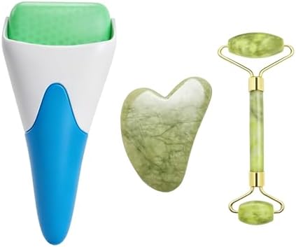3 in 1 Ficial Face Ice Jade Roller and Gua Sha Tool, 100% Natural Real Jade Anti-Wrinkle Face Eye Neck Massager Tool, Reduce Wrinkles, Puffiness, Migraine, Redness, Pain and Injury (Blue) by Chikoni