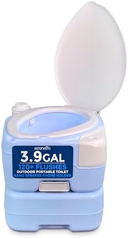 SereneLife 4 Gal Portable Camping Toilet For Adults, 100+ Flushes, Porta Potty Camp Toilet with Phone Holder, Hand Sprayer, Plastic Funnel for Camping, Hiking, and Boating by SereneLife