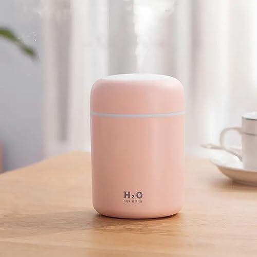 Portable Mini Humidifier, Colorful, Cool Mist, USB Powered. Perfect for Bedroom, Office & Car (300ml, Pink) by Saunana