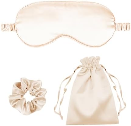 3Pcs Satin Eye Mask Silk Sleep Masks Set Silky Blindfold Eyeshade Blackout Eyes Cover Pouches Bag Scrunchy Wedding Gift- Color Champagne by WJingYiJia