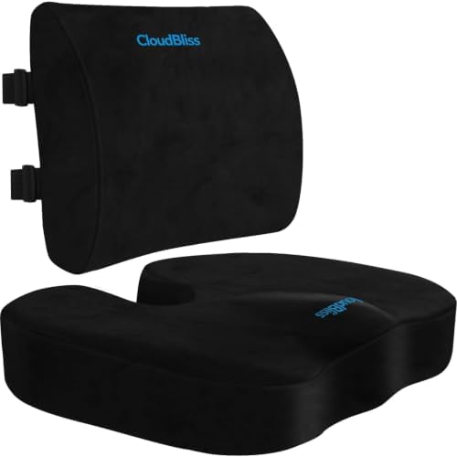 CloudBliss Ergonomic Seat Cushion & Lumbar Support Pillow Set, Black, XL by CloudBliss