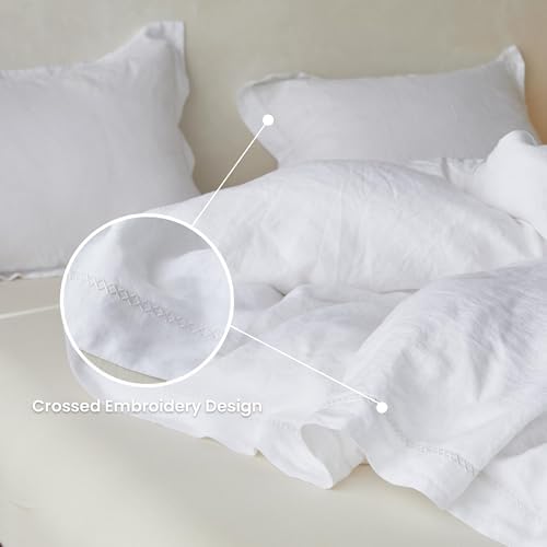 Simple&Opulence 100% Linen Duvet Cover Set with Crossed Embroidery Washed - 3 Pieces (1 Duvet Cover with 2 Pillow Shams) Soft Breathable Farmhouse - White, Queen Size - Image 3