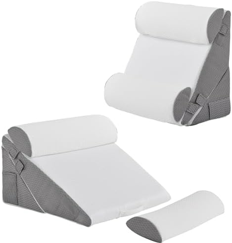 Bedluxe Adjustable 4pcs Bed Wedge Pillow Set, Memory Foam Wedge Pillows Post Surgery for Back, Neck, Leg Pain Relief, Pillow Wedge for Sleeping, Sitting up in Bed, Acid Reflux and GERD, White/Grey by Bedluxe