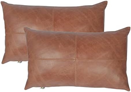LL LEATHER LOVERS 100% Lambskin Leather Pillow Cover - Sofa Cushion Case - Decorative Throw Covers for Living Room & Bedroom, Dark Tan Plain Pack of 2-20X28 Inch by LLLEATHERLOVERS