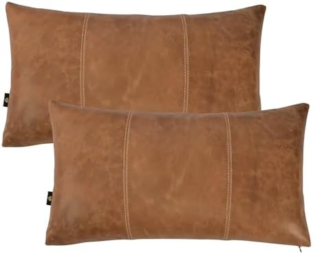 LL LEATHER LOVERS 100% Lambskin Leather Pillow Cover 22x30 Inch – Hand-Stitched Cushion Case with Hidden Zipper, Decorative Throw Cover for Sofa, Bed and Living Room - Rusk Camel 02 Panel Pack of 2 by LLLEATHERLOVERS