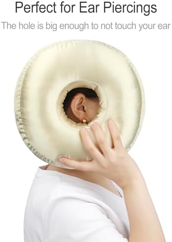 Washable Silky Satin Ear Piercing Pillow Cover, Removable Pillowcase Smooth Cooling Donut Pillow Case Hole for Ear Pain Relief CNH Sleeping Pressure Sore Side Sleepers Ear Guard Protector, Champagne - Image 5