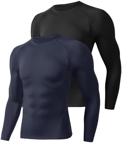Compression Shirts for Men - Long Sleeve Black Workout Base Layer Athletic Gym Tops Quick Dry Running Undershirts by BOOJO