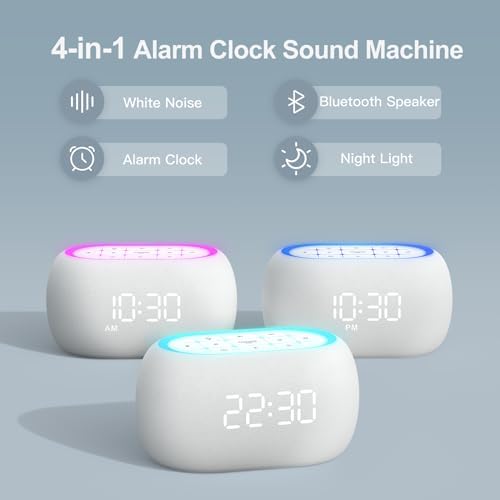 ANJANK White Noise Sound Machine Alarm Clock with Hi-Fi Bluetooth Speaker, 21 Soothing Sounds/7 Night Lights, 0-100% Dimmer/Sleep Timer/Volume Control, Soother for Adults Kids Sleeping, Bedroom, White - Image 2
