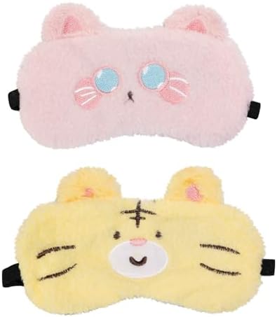 PERFECTSIGHT Sleep Eye Masks, Cute Sleep Eye Cover Lightweight Adjustable Eyeshade Mask Cover for Women Men Sleep Travel Nap, Yellow Tiger+Pink Kitty by PERFECTSIGHT
