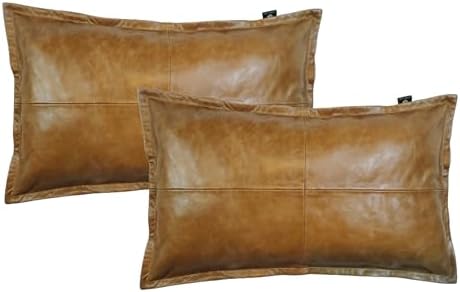 LL LEATHER LOVERS 100% Lambskin Leather Pillow Cover - Sofa Cushion Case - Decorative Throw Covers for Living Room & Bedroom, Gold Crunch Box Pack of 2-10X18 Inch by LLLEATHERLOVERS