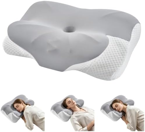 Ergonomic Cervical Pillow for Neck Pain, Dual-Height Memory Foam for Side/Back Sleepers 3.5/4.7in, Cooling Gel Orthopedic Bed Pillow with Washable Cover, 22.8x15in Grey/White by Unknown