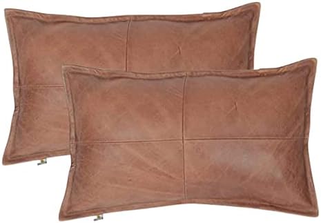 LL LEATHER LOVERS 100% Lambskin Leather Pillow Cover - Sofa Cushion Case - Decorative Throw Covers for Living Room & Bedroom, Dark Tan Box Pack of 2-20X28 Inch by LLLEATHERLOVERS