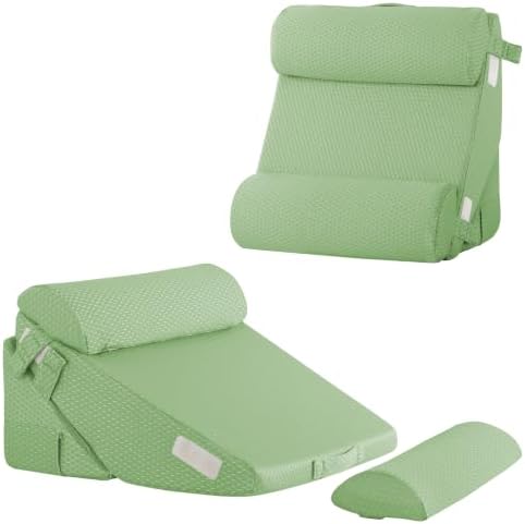 Bedluxe Adjustable 4pcs Bed Wedge Pillow Set, Memory Foam Wedges Pillow Post Surgery for Back, Neck, Leg Pain Relief, Pillows Wedge for Sleeping, Sitting up in Bed, Acid Reflux and GERD, Green by Bedluxe