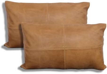 LL LEATHER LOVERS 100% Lambskin Leather Pillow Cover - Sofa Cushion Case - Decorative Throw Covers for Living Room & Bedroom, Tan Plain Pack of 2-12X20 Inch by LLLEATHERLOVERS